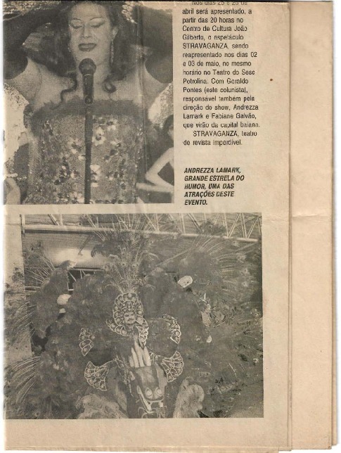 Página de jornal impresso digitalizada. A página foi restaurada e encontra-se habilitada para leitura OCR. Trata-se basicamente de uma página de anúncios cortada, com diversas marcas de dobradura. Na esquerda a foto de Andrezza Lamark (em memória). Abaixo, fotografia de Geraldo Pontes em Fantasia de carnaval.