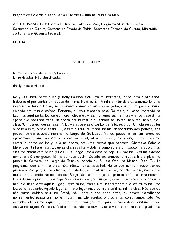 Documento no Google Docs, contendo a transcrição em texto da gravação da entrevista com Kelly Passos.