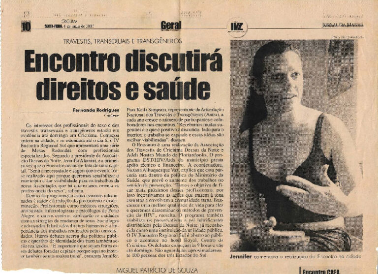 Digitalização de página de jornal, com marca de dobra no centro do arquivo. A digitalização passou por restauro e está habilitada para leitura OCR. Na parte de baixo, pode-se ver o fim do recorte da página e o termo “ENCONTRO CREA” cortado. A reportagem, “Encontro discutirá direitos e saúde”, está legível de forma integral.