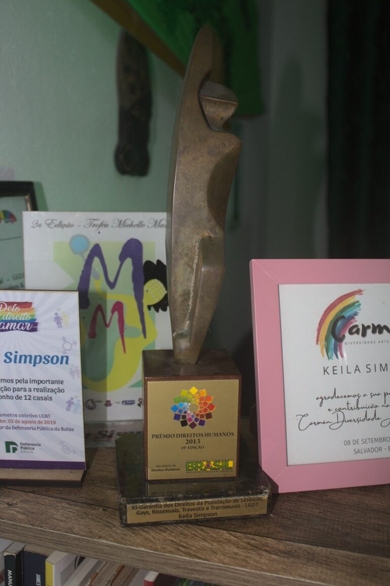 Foto de um troféu em formato abstrato, destinado a Keila Simpson. Na sua base, em formato retangular, há uma plaquinha com os dizeres: “Prêmio Direitos Humanos 2013”. Na base, pode-se ver o logotipo do Brasil.