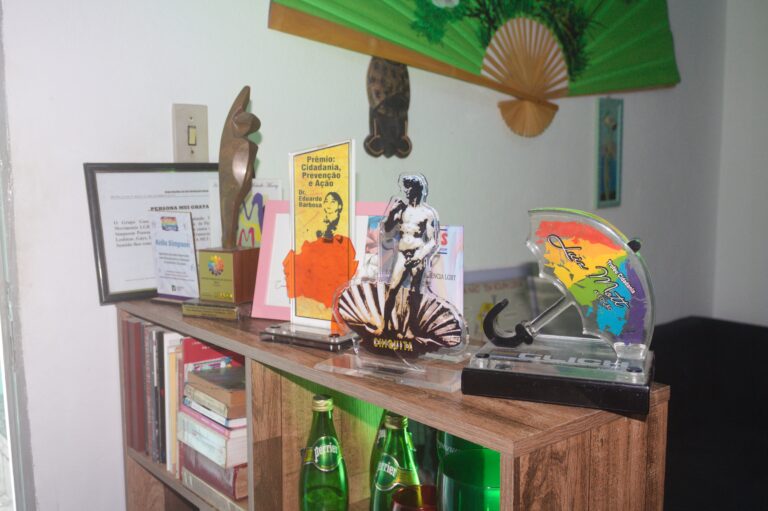 Foto de diversos troféus, prêmios e reconhecimentos de Keila Simpson em uma estante, em sua sala de residência. Atrás, é possível ver um grande leque na parede. Sobre a estante, há um troféu em formato de guarda-chuva e nas cores arco-íris; há também outro que lembra a estátua de Davi. Não é possível enxergar detalhes de todos os troféus.